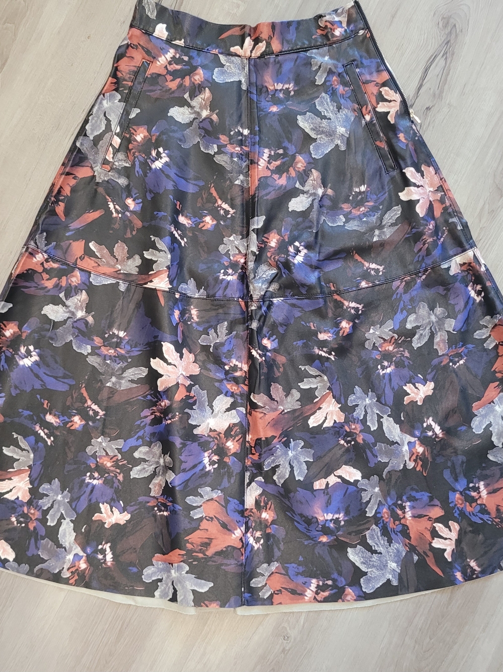Zara Faux Leather A-Line Skirt with Blue, Rust and Grey Floral Print